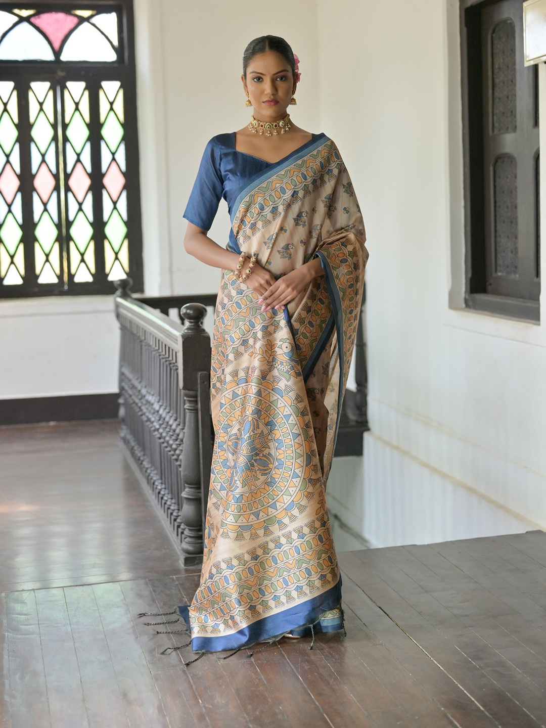 

Kandora Kalamkari Printed Pure Silk Banarasi Saree, Blue