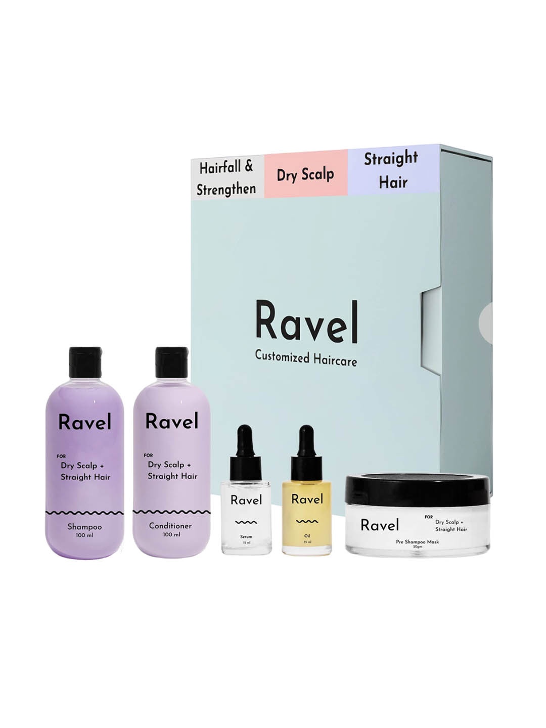 

Ravel Hair Fall Control Shampoo, Conditioner, Oil, Serum & Pre Shampoo Mask Gift Set, Purple