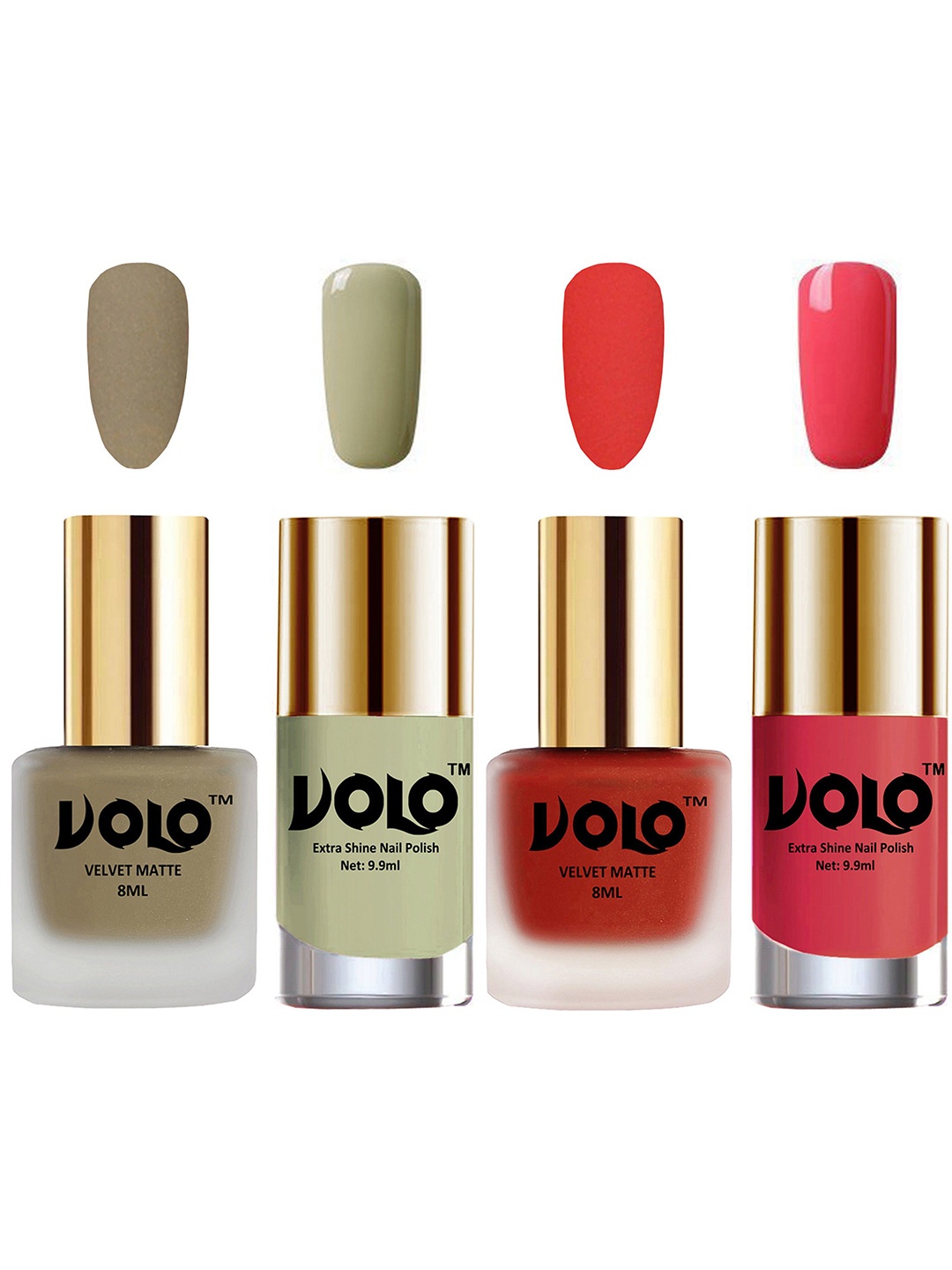 

VOLO Set Of 4 Velvet Matte & Extra Shine Nail Polish-8 ml & 9.9 ml Each Shade 37-44-40-56, Coral