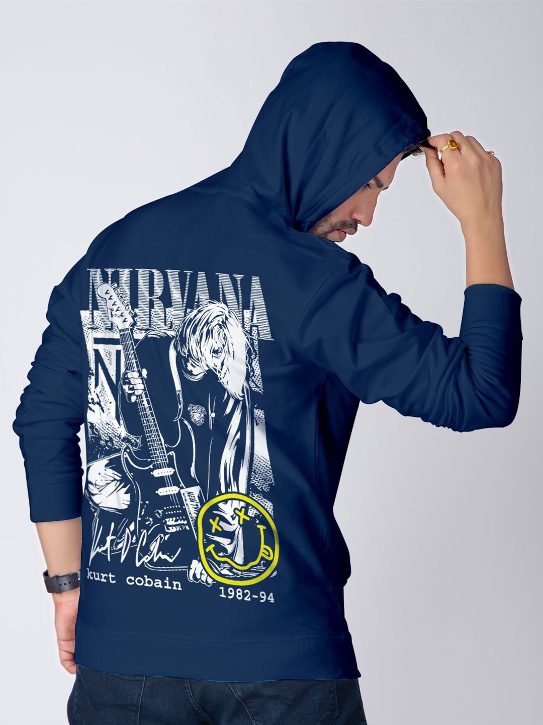 

Crazymonk Men Graphic Printed Hood Cotton Pullover Sweatshirt, Navy blue