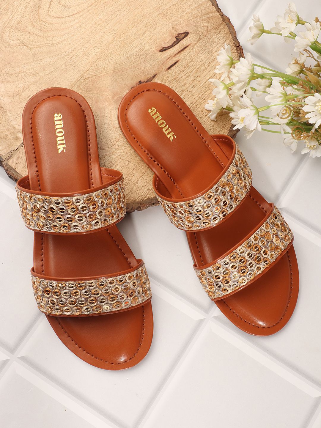 

Anouk Women Embellished Ethnic Open Toe Flats with Embroidered, Tan