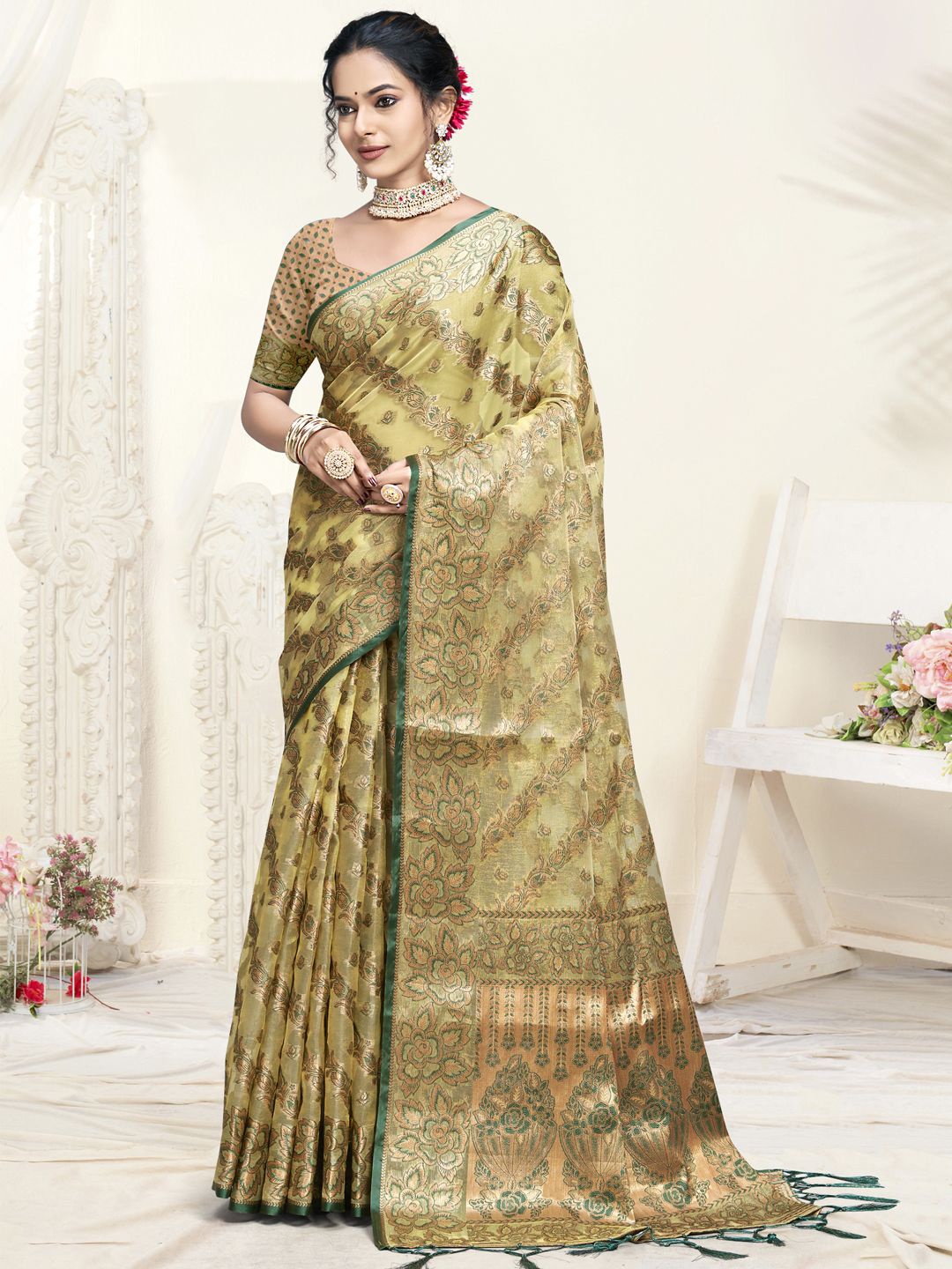 

SANGAM PRINTS Woven Design Zari Organza Tussar Saree, Yellow