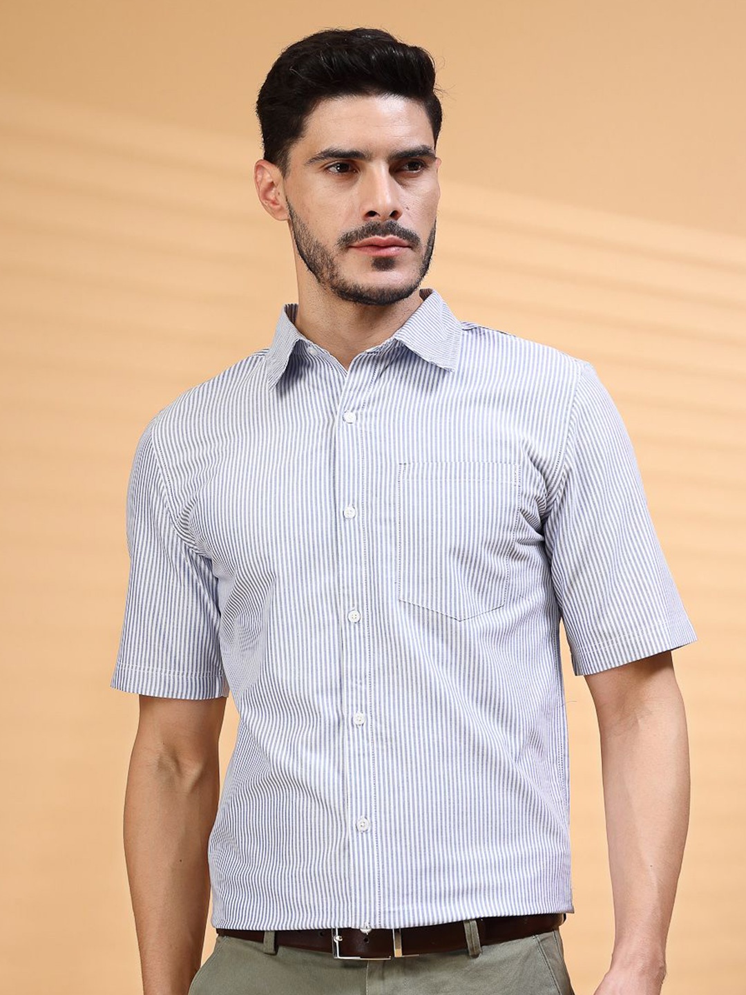 

Vanguard Men Comfort Spread Collar Vertical Striped Cotton Semiformal Shirt, Blue