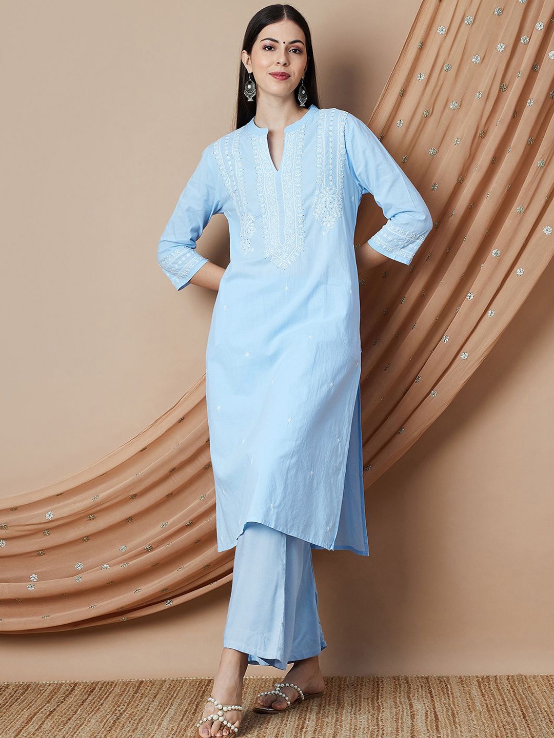 

Melange by Lifestyle Women Embroidered Pure Cotton Straight Kurta, Blue