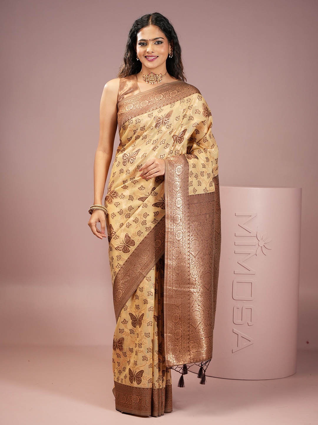 

MIMOSA Floral Zari Art Silk Banarasi Saree, Tan