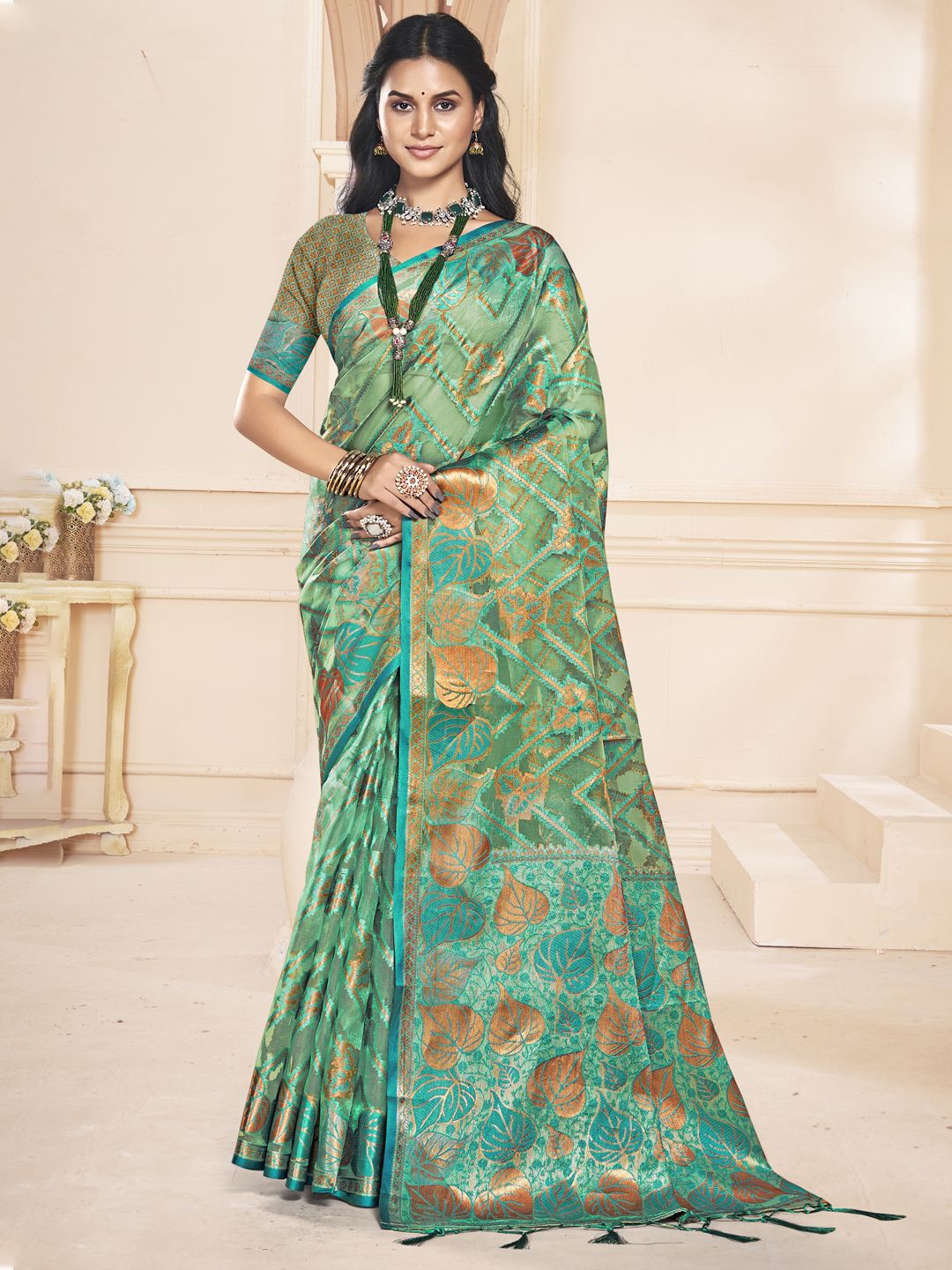 

SANGAM PRINTS Woven Design Zari Organza Tussar Saree, Turquoise blue