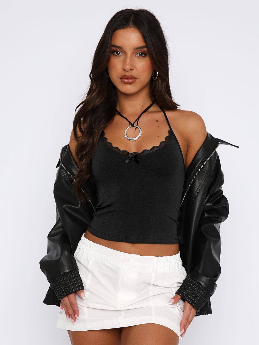 

HERE&NOW Women Solid Scoop Neck Nylon Top, Black