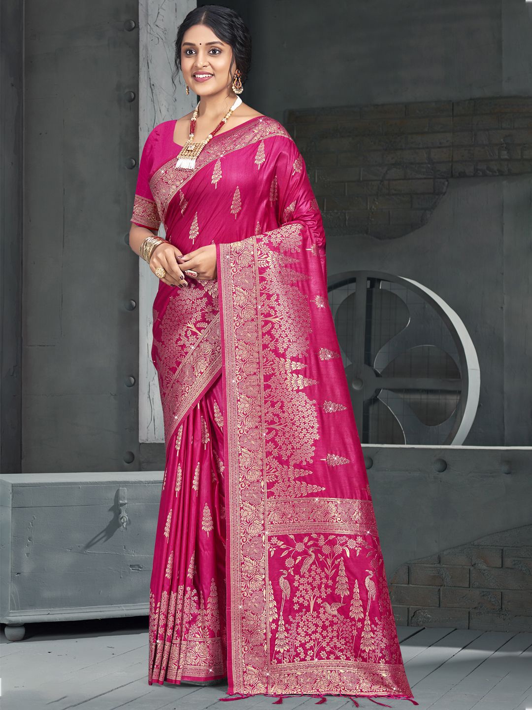 

SANGAM PRINTS Woven Design Zari Tussar Saree, Pink