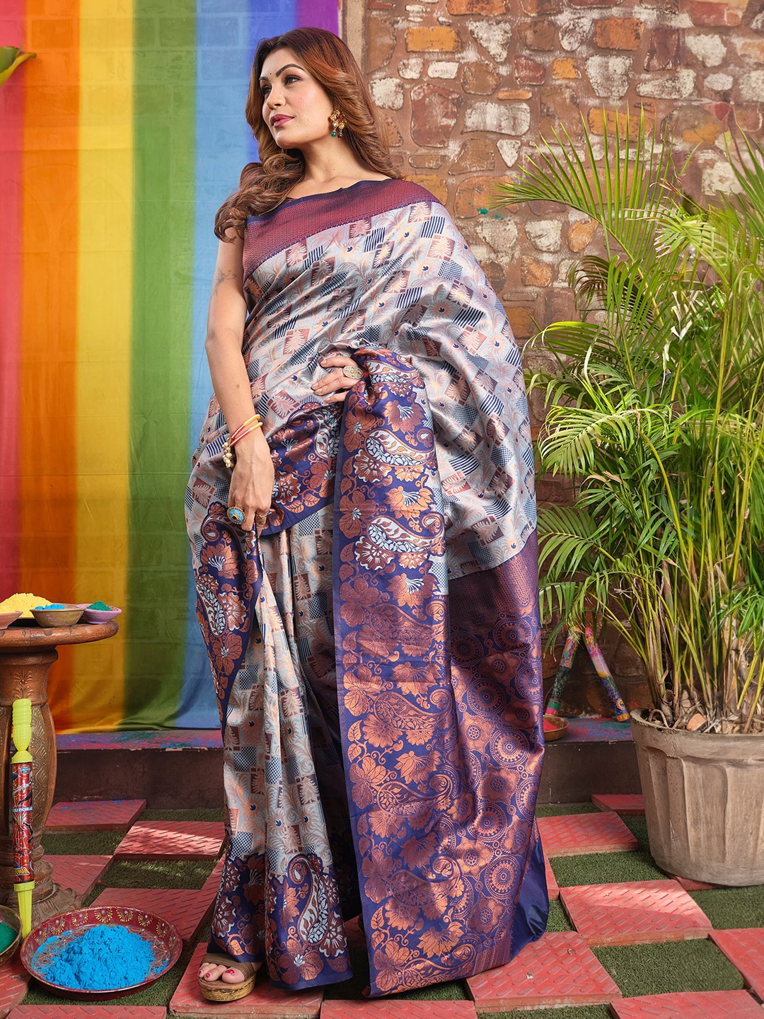 

HANDSEL Woven Design Zari Pure Silk Banarasi Saree, Blue