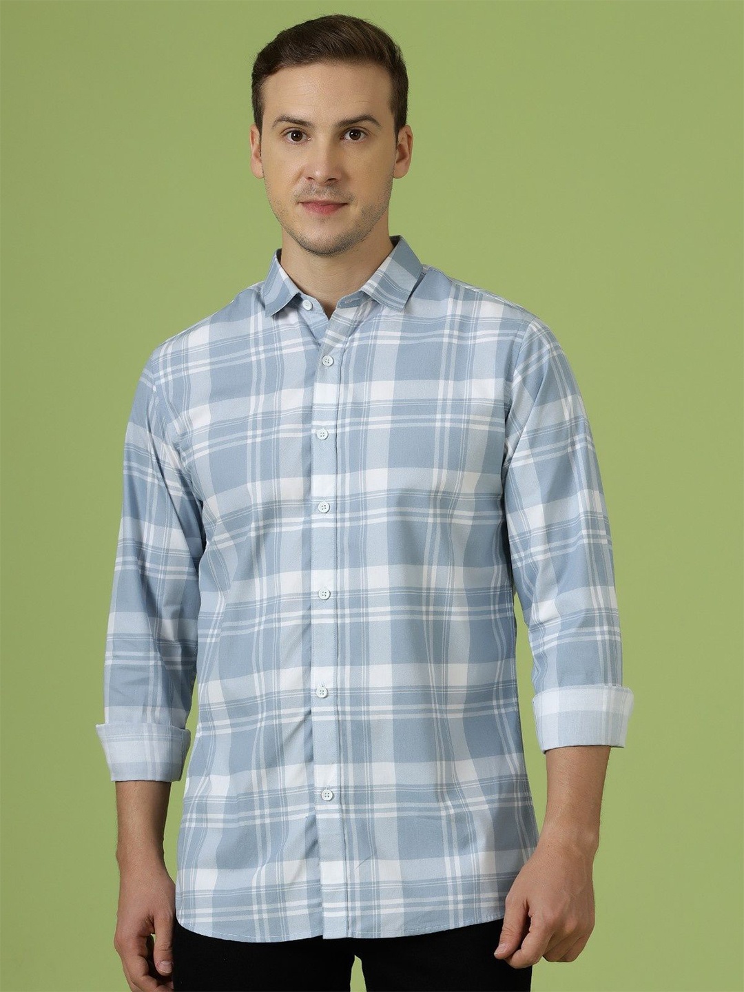 

Gavin Paris Men Relaxed Spread Collar Shepherd Checked Cotton Semiformal Shirt, Blue