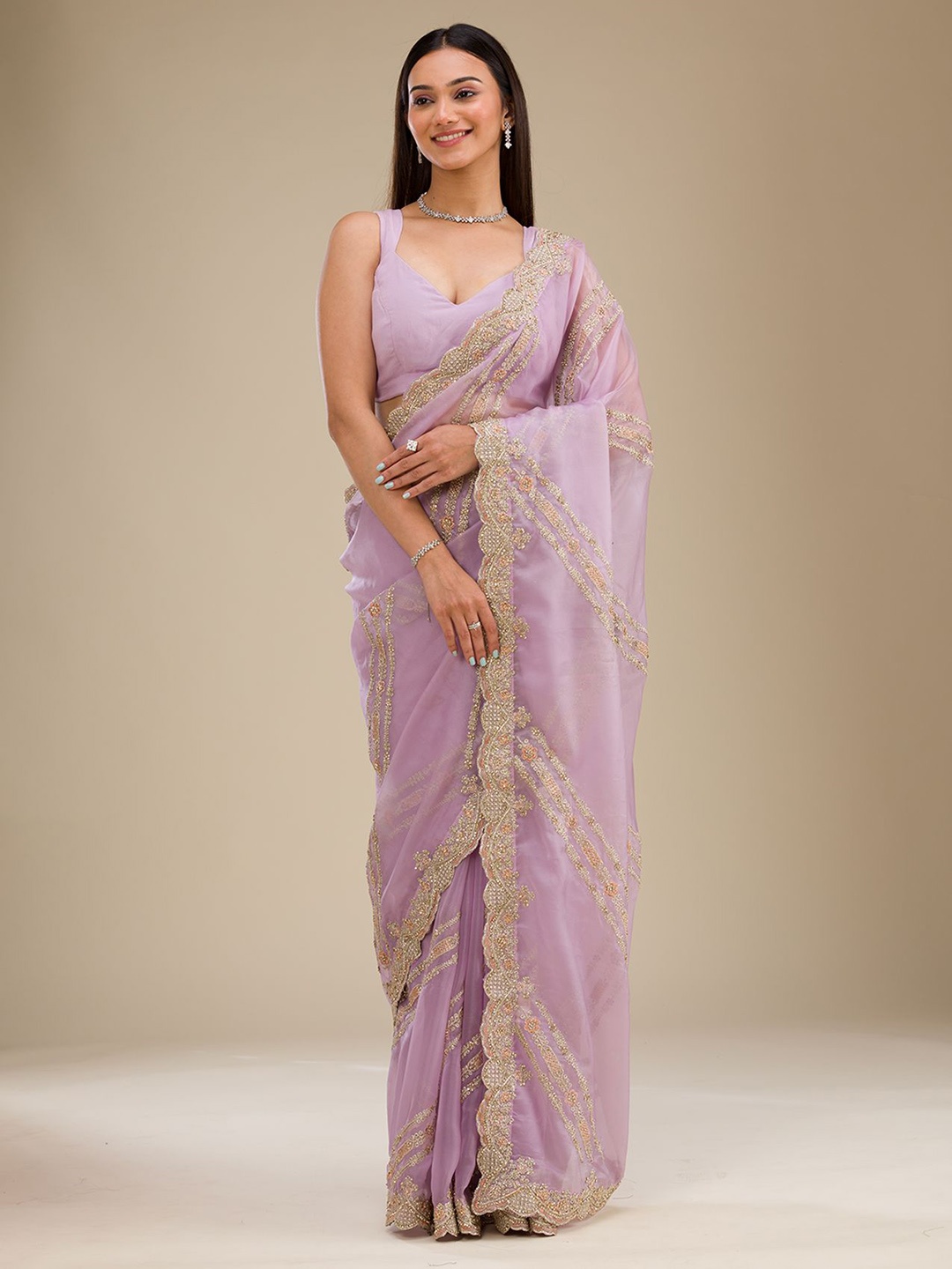 

Koskii Floral Embroidered Organza Saree, Purple