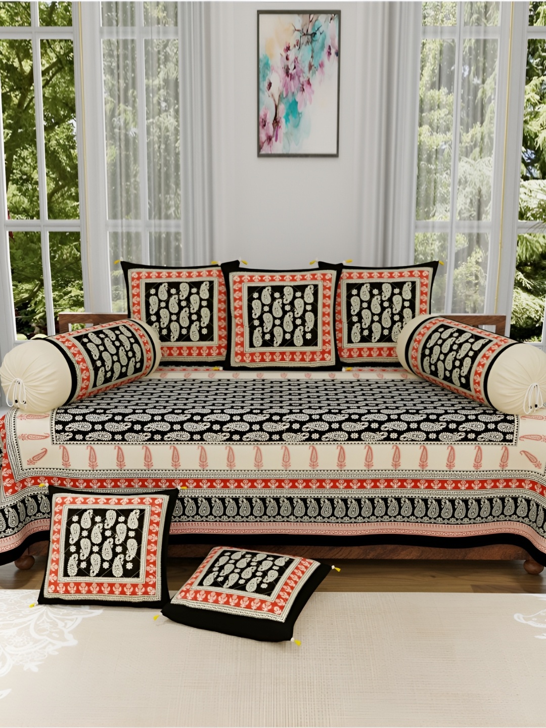 

The Craft Monk Beige & Black 8 Pieces Ethnic Motifs Printed Pure Cotton Diwan Set