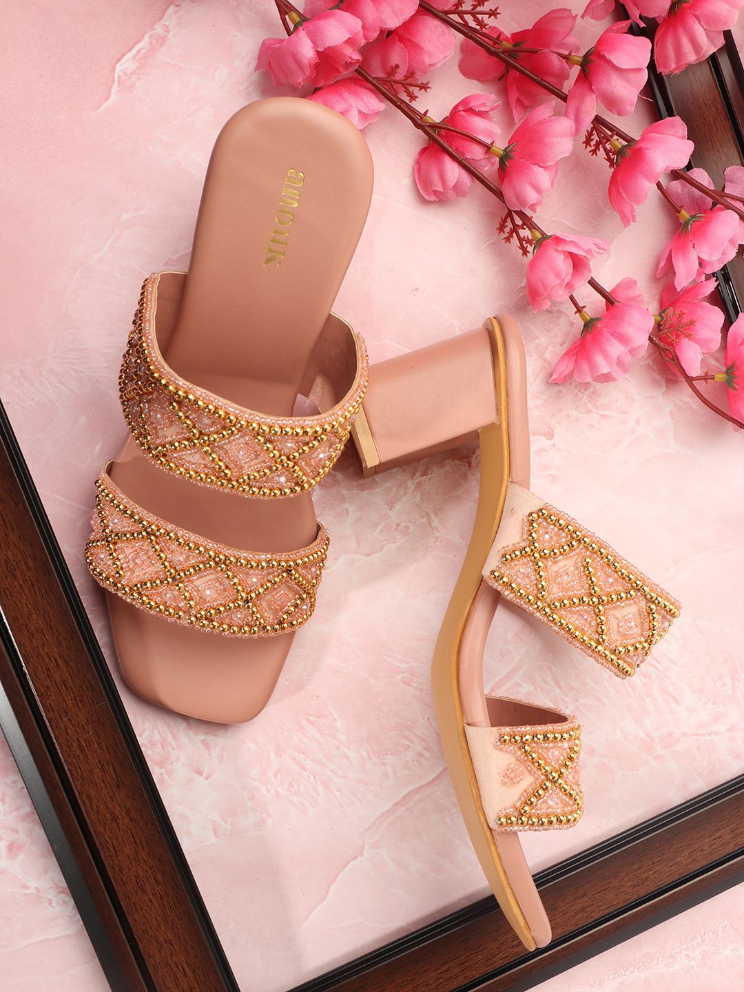 

Anouk Embellished Ethnic Block Heel Sandal, Peach
