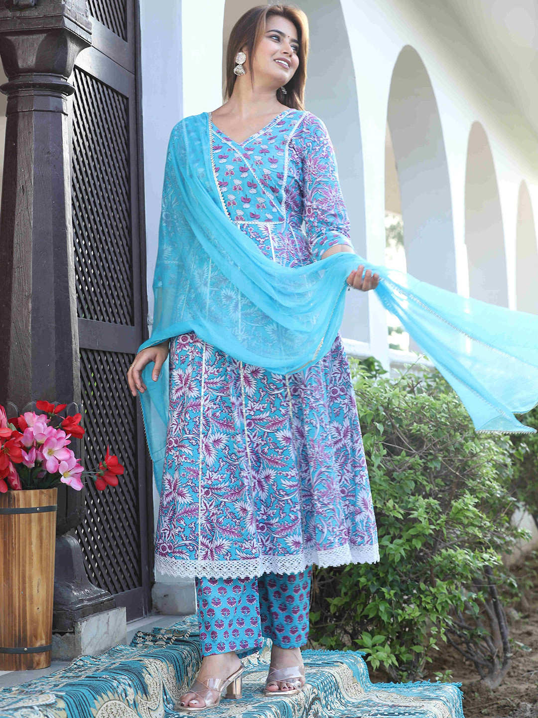 

SINGNI Women Ethnic Motifs Printed Angrakha Pure Cotton Kurta with Trousers & With Dupatta, Blue