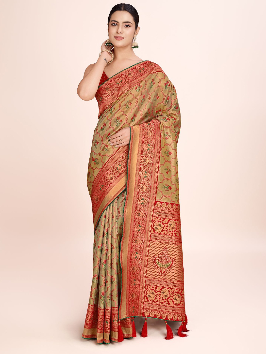 

MONJOLIKA FASHION Floral Woven Design Zari Tissue Banarasi Saree, Red