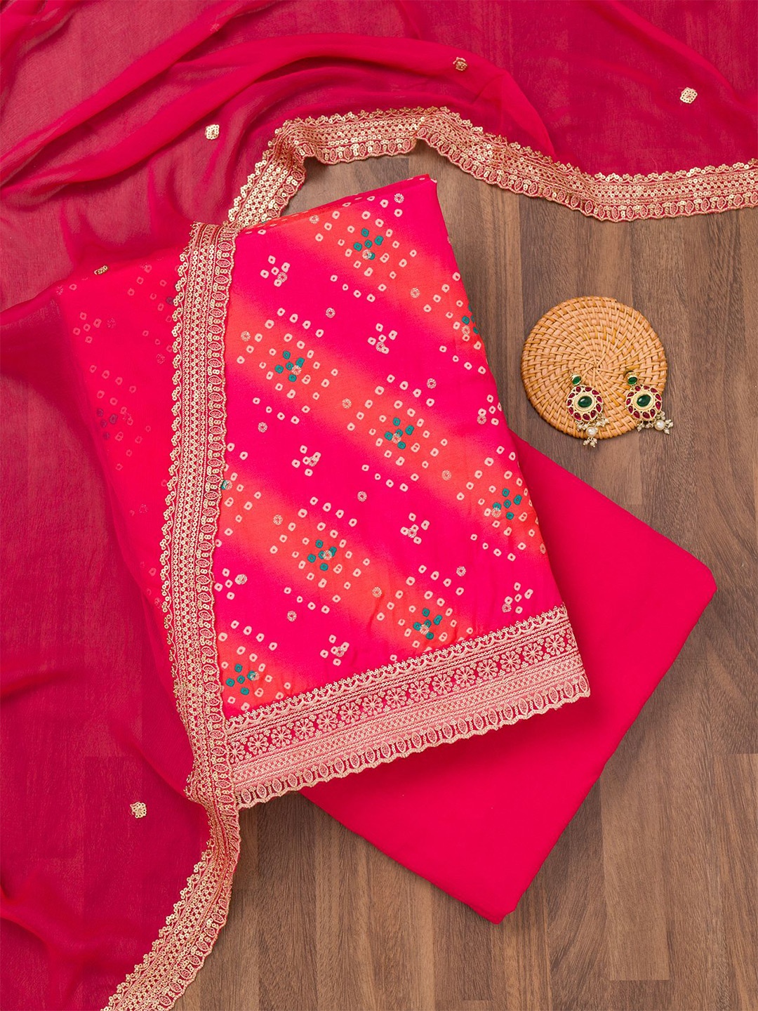 

Koskii Bandhani Printed Sequinned Unstitched Dress Material, Pink
