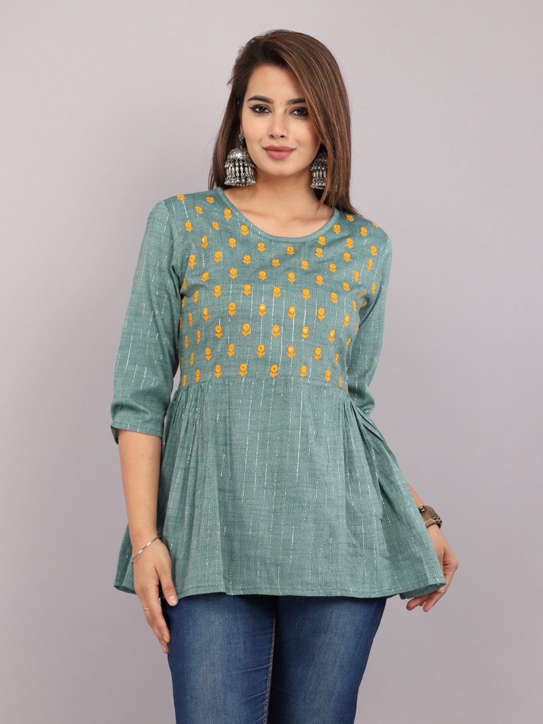 

Mehsoos Women Ethnic Motifs Printed Round Neck Cotton Top, Green