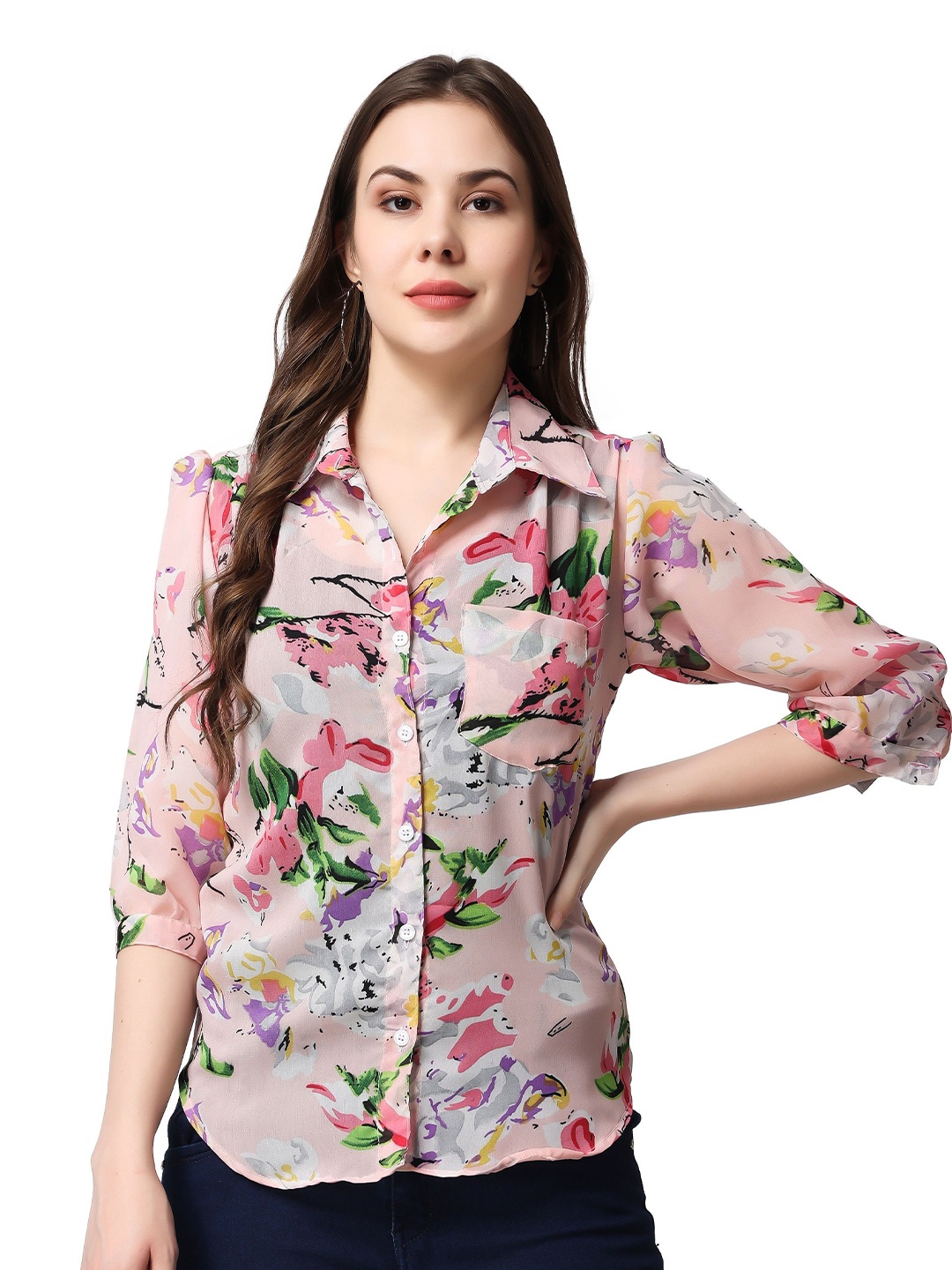 

SCORPIUS Women Classic Spread Collar Floral Printed Slim Fit Casual Shirt, Pink