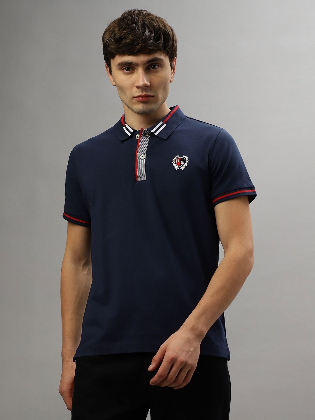 

Iconic Men Solid Polo Collar Cotton T-shirt, Navy blue