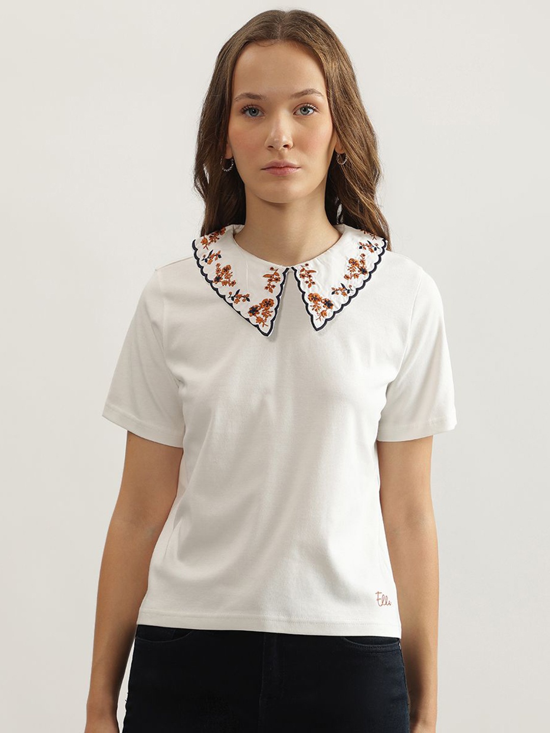 

ELLE Women Solid Peter Pan Collar Cotton Relaxed Fit T-shirt, Off white