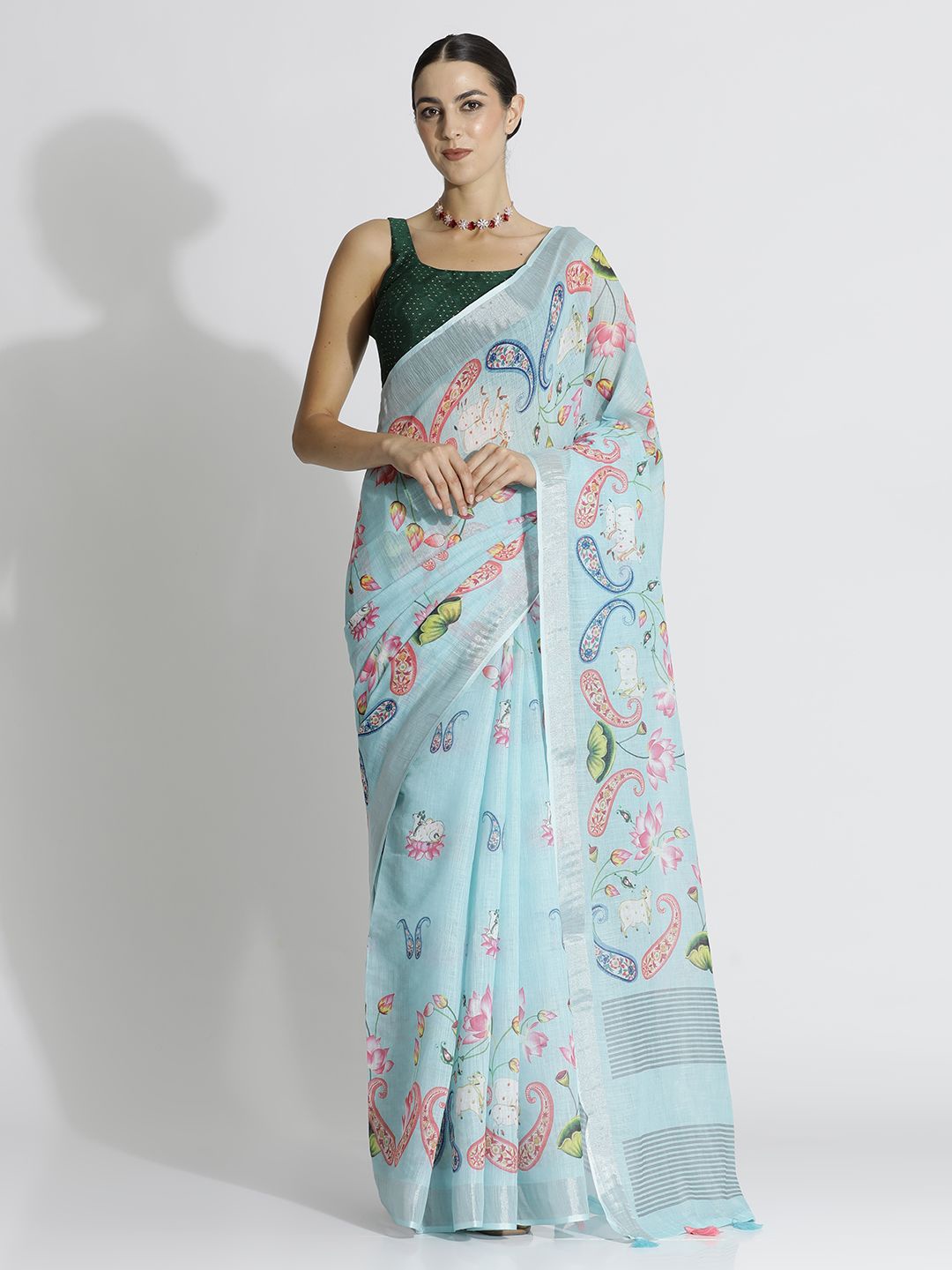 

Jaipur Kurti Printed Zari Designer Saree, Turquoise blue