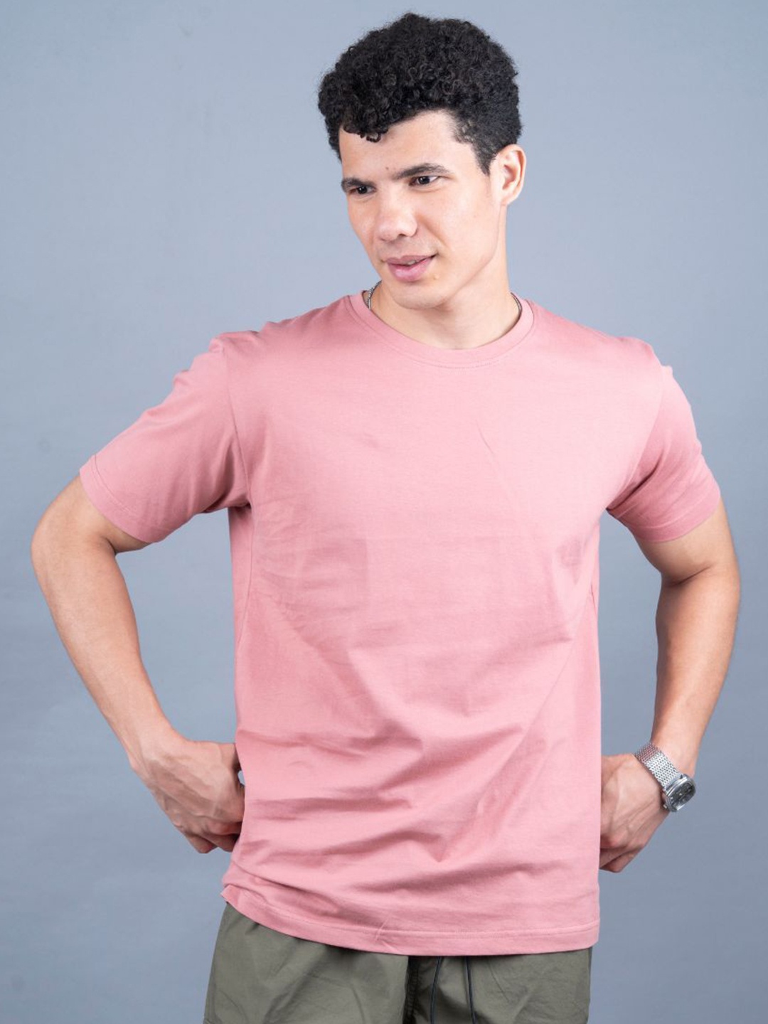 

PRONK Men Solid Round Neck Cotton T-shirt, Pink