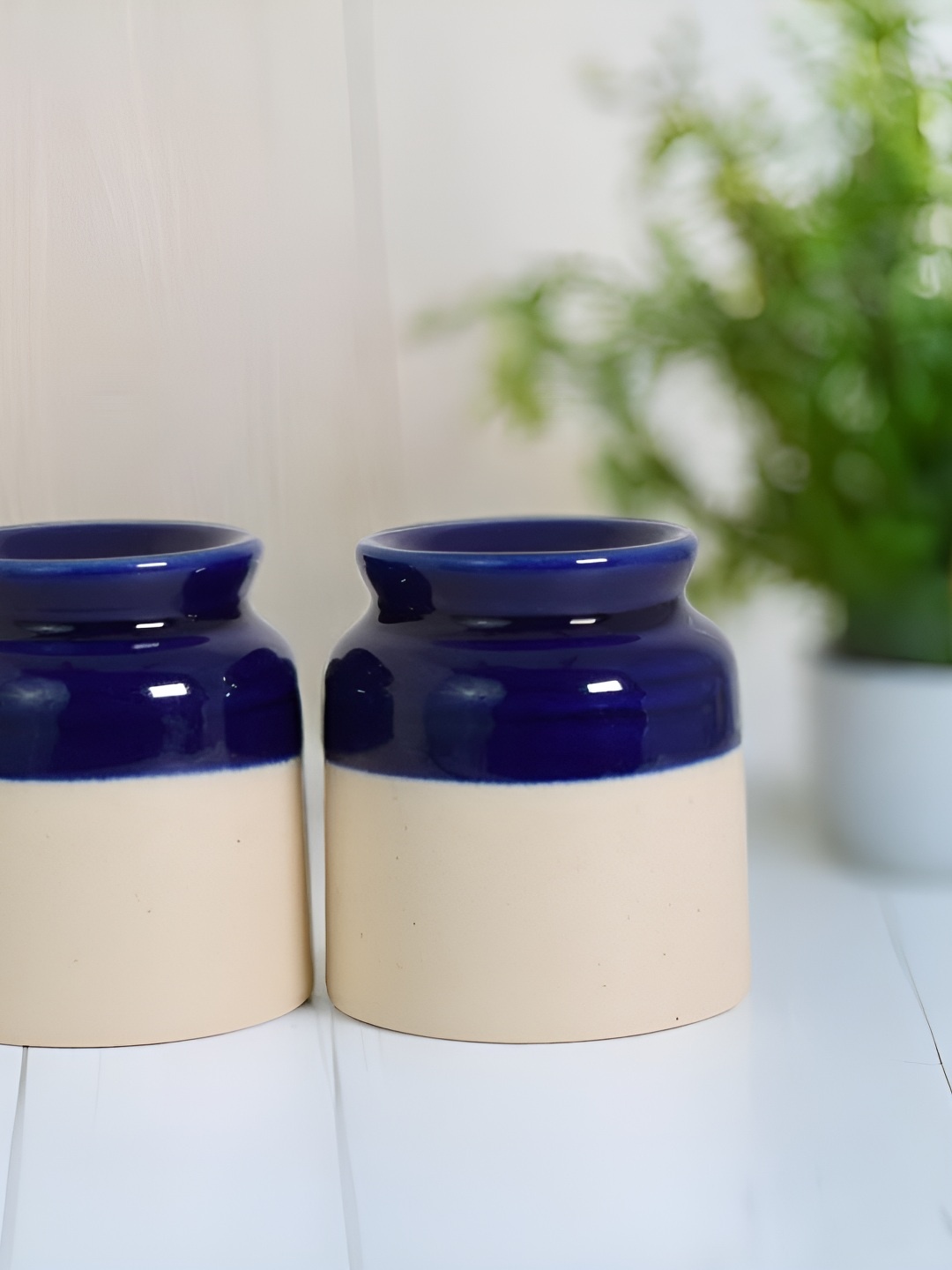 

The Decor Lane Beige and Blue Ceramic Salt and Pepper Shakers