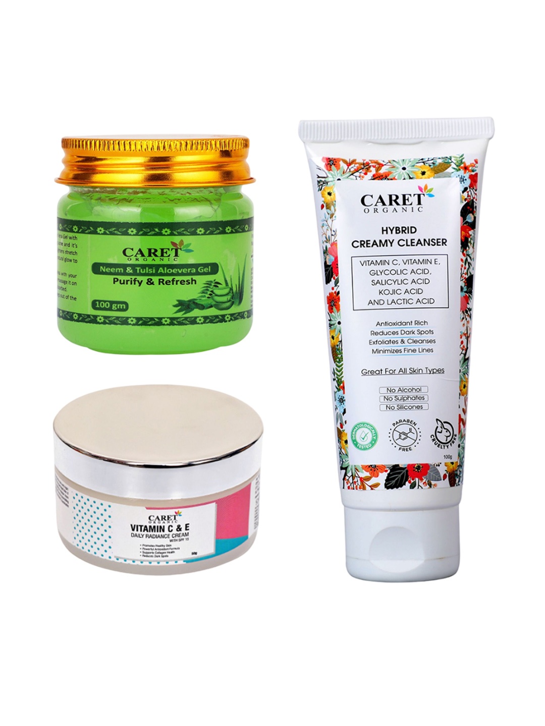 

CARET ORGANIC Hybrid Creamy Cleanser, Neem Tulsi & Aloe Vera Gel & Vitamin C Cream, White