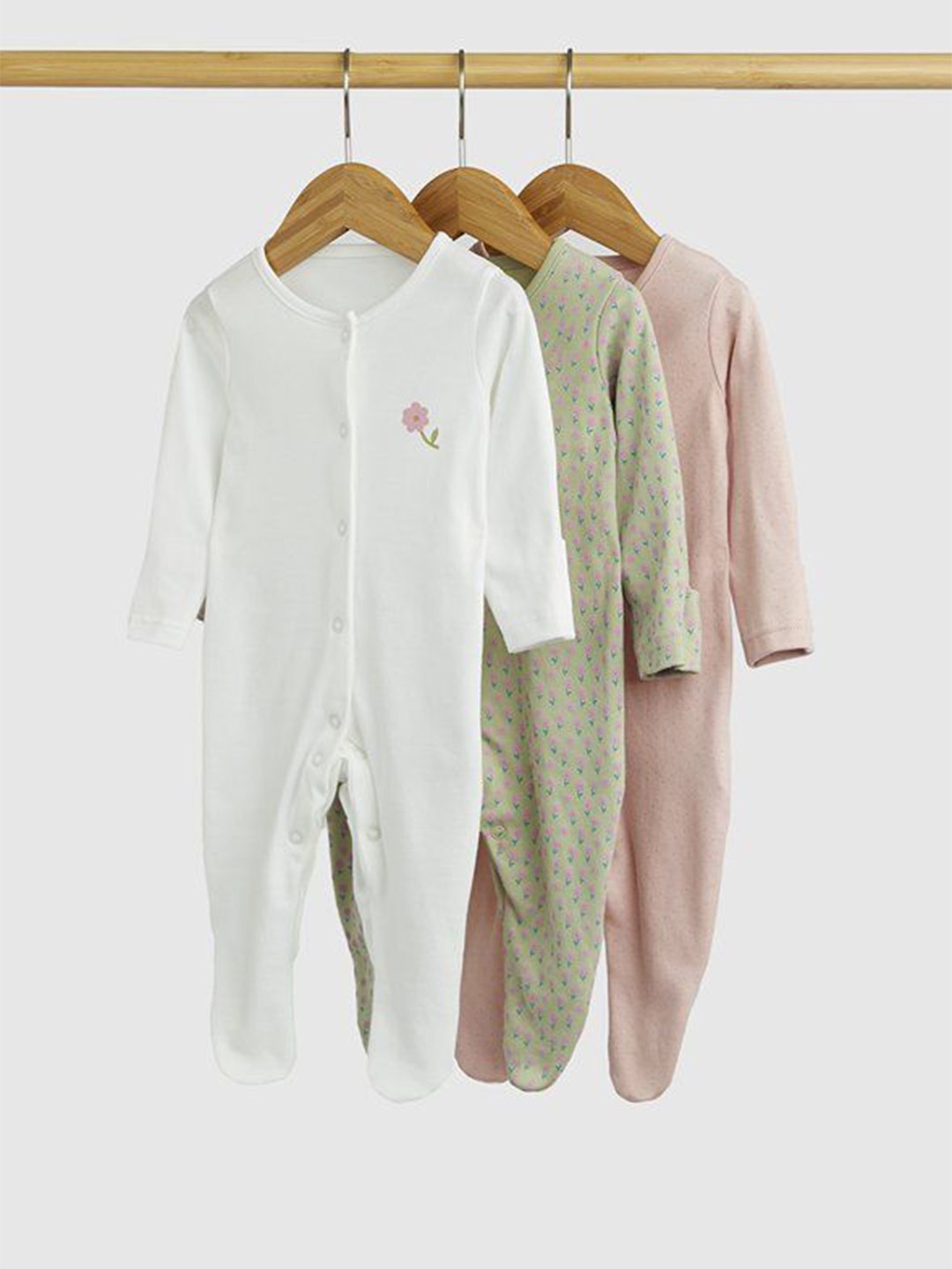 

mothercare Girls Pack of 3 Cotton Printed Rompers, White