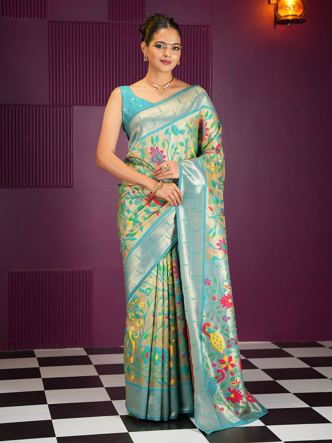 

MIMOSA Floral Woven Design Zari Banarasi Saree, Turquoise blue