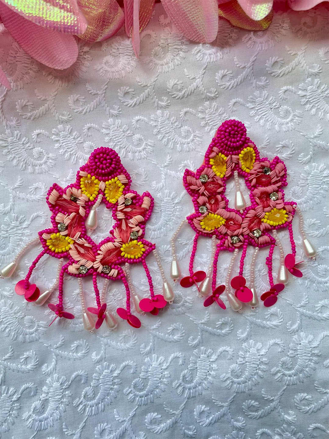 

ISHKAARA Beaded Floral Drop Earrings, Pink