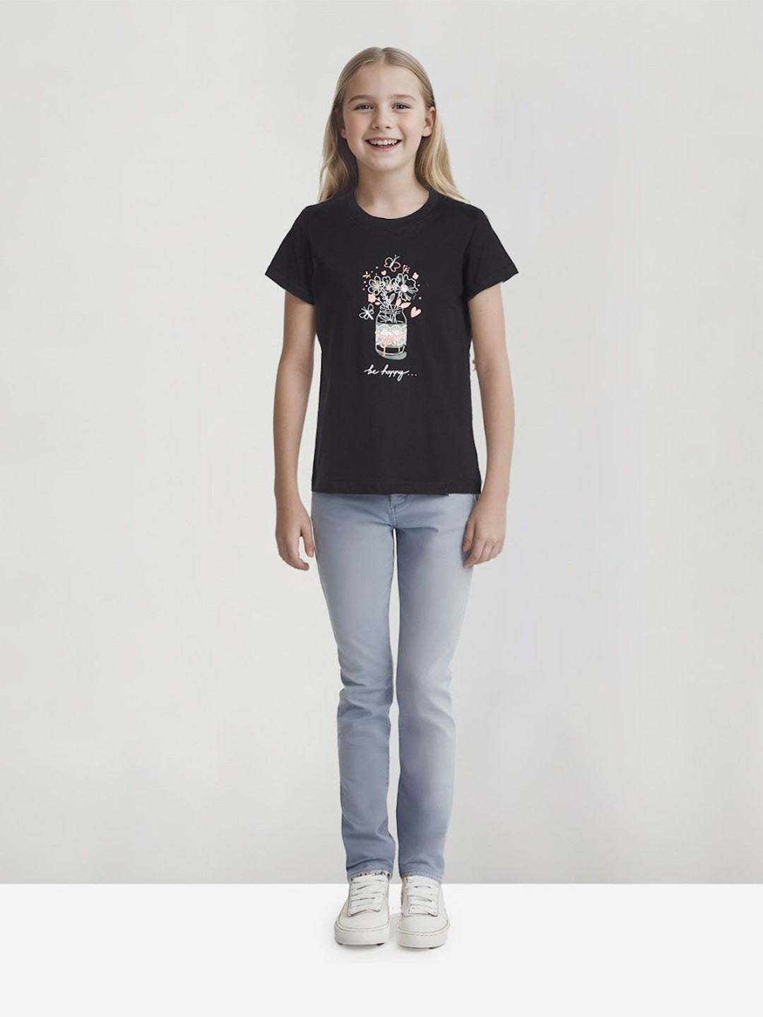 

Gini and Jony Girls Floral Printed Round Neck Cotton T-Shirt, Black