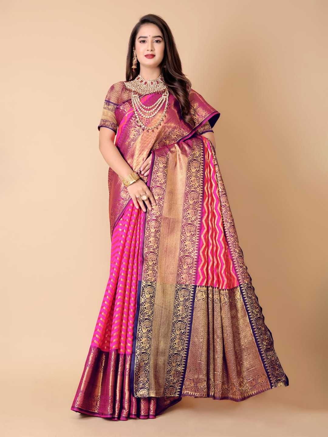 

JAY FASHION Woven Design Zari Banarasi Saree, Pink