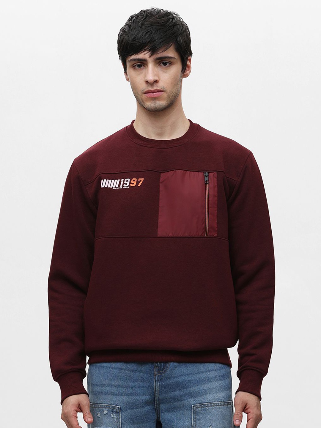 

Klub Fox Men Typography Printed Round Neck Fleece Sweatshirt, Maroon