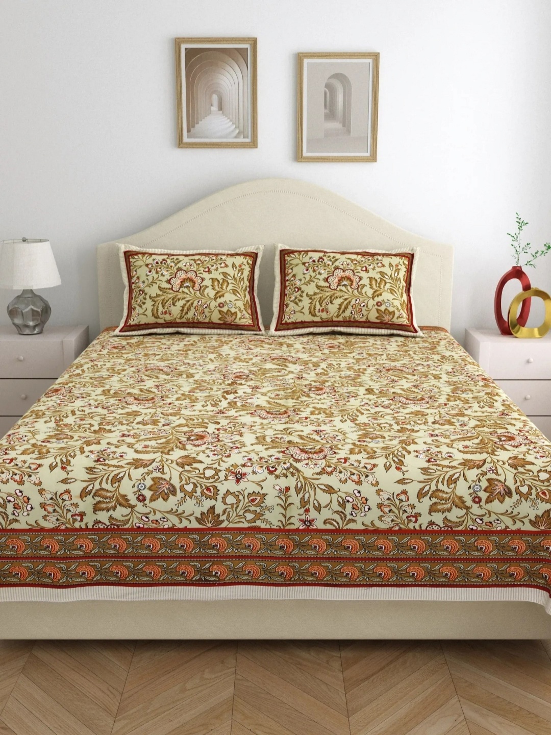

LIVING ROOTS Ethenic Jaipur Yellow Printed 210 TC Cotton King Bedsheet & 2 Pillow Covers