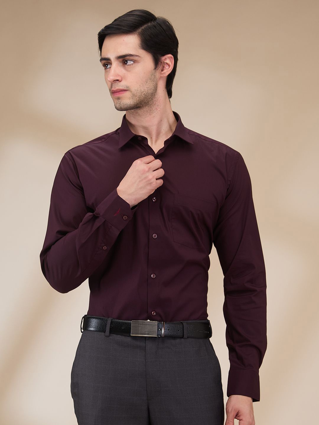 

Park Avenue Men Cutaway Collar Solid Cotton Slim Fit Formal Shirt, Burgundy