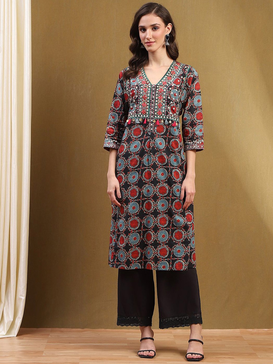

Biba Women V-Neck Pure Cotton Kurta with Palazzos, Black