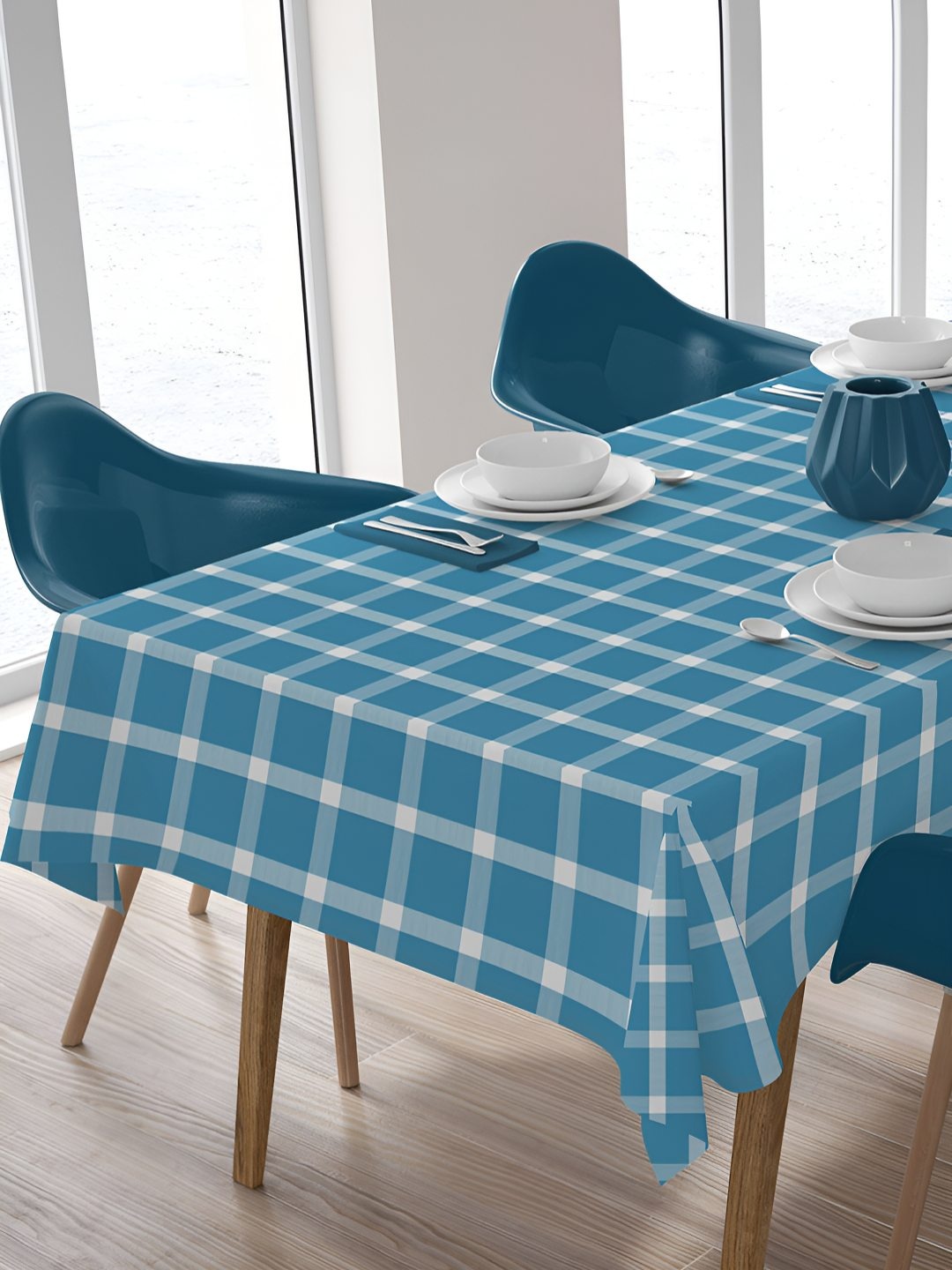 

HOME COLORS.IN Blue Geometric Printed Cotton 8-Seater Table Cover