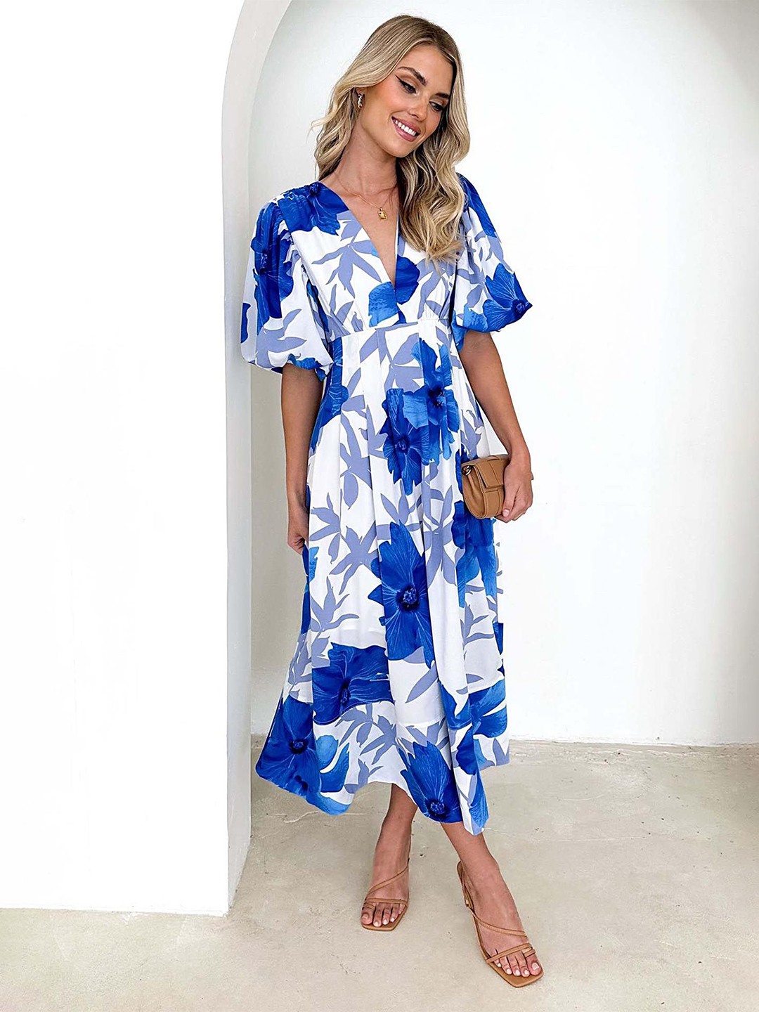 

LULU & SKY Floral Print V-Neck Fit and Flare Midi Dress, Blue