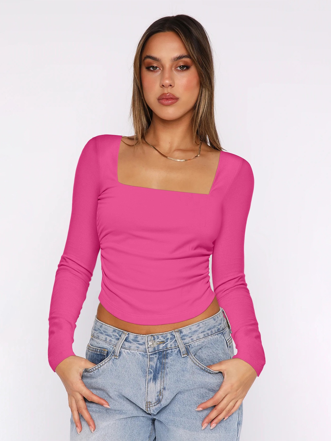 

HERE&NOW Women Solid Square Neck Nylon Top, Pink