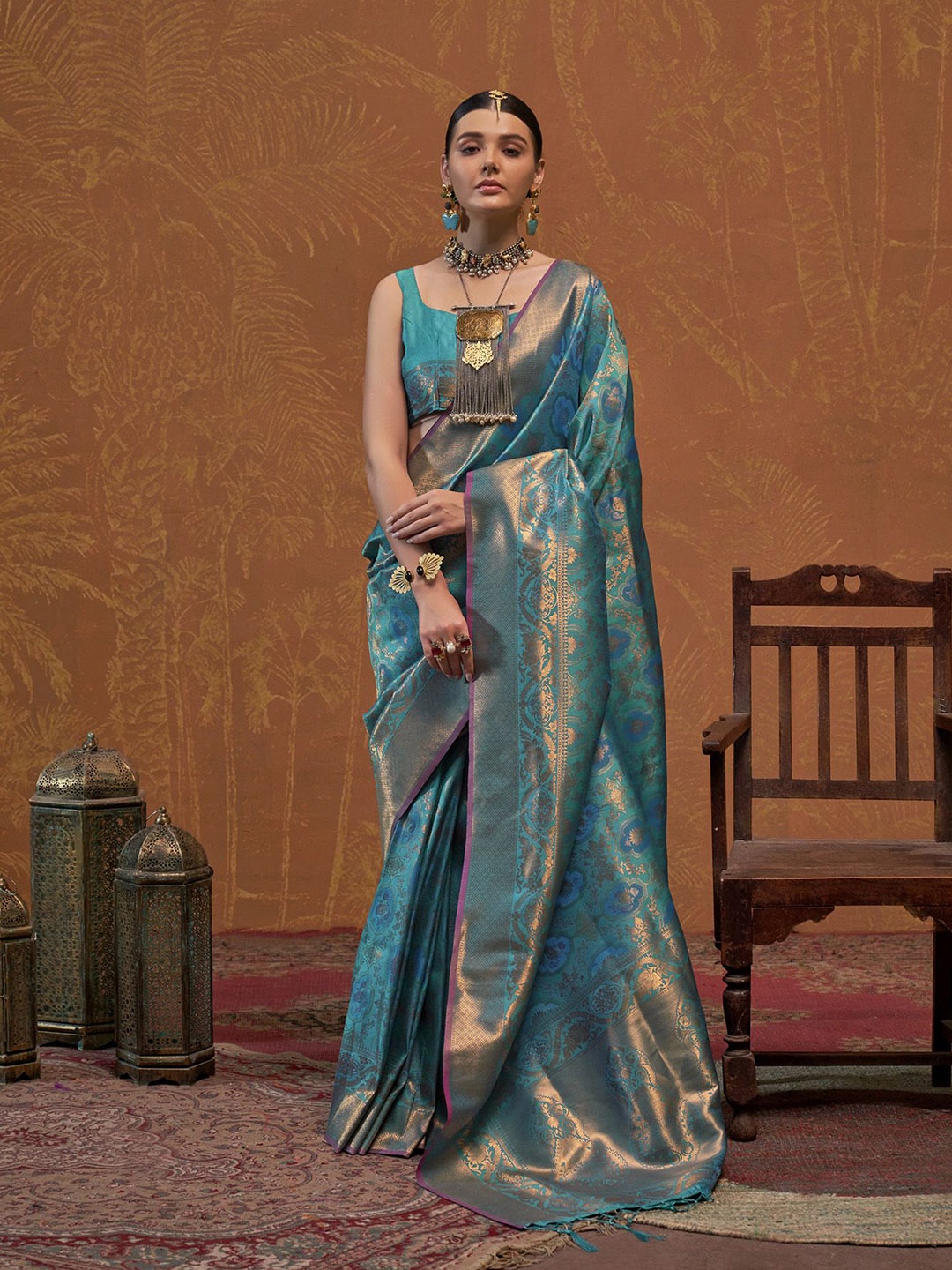 

elora Woven Design Silk Blend Designer Kanjeevaram Saree, Teal