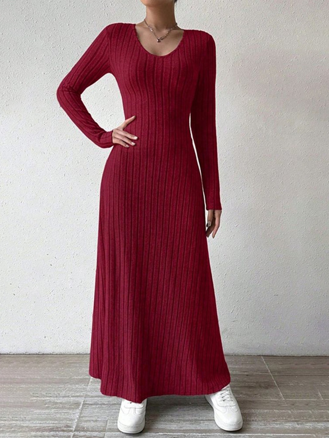 

LULU & SKY Women Self Design Striped Maxi Dress, Red