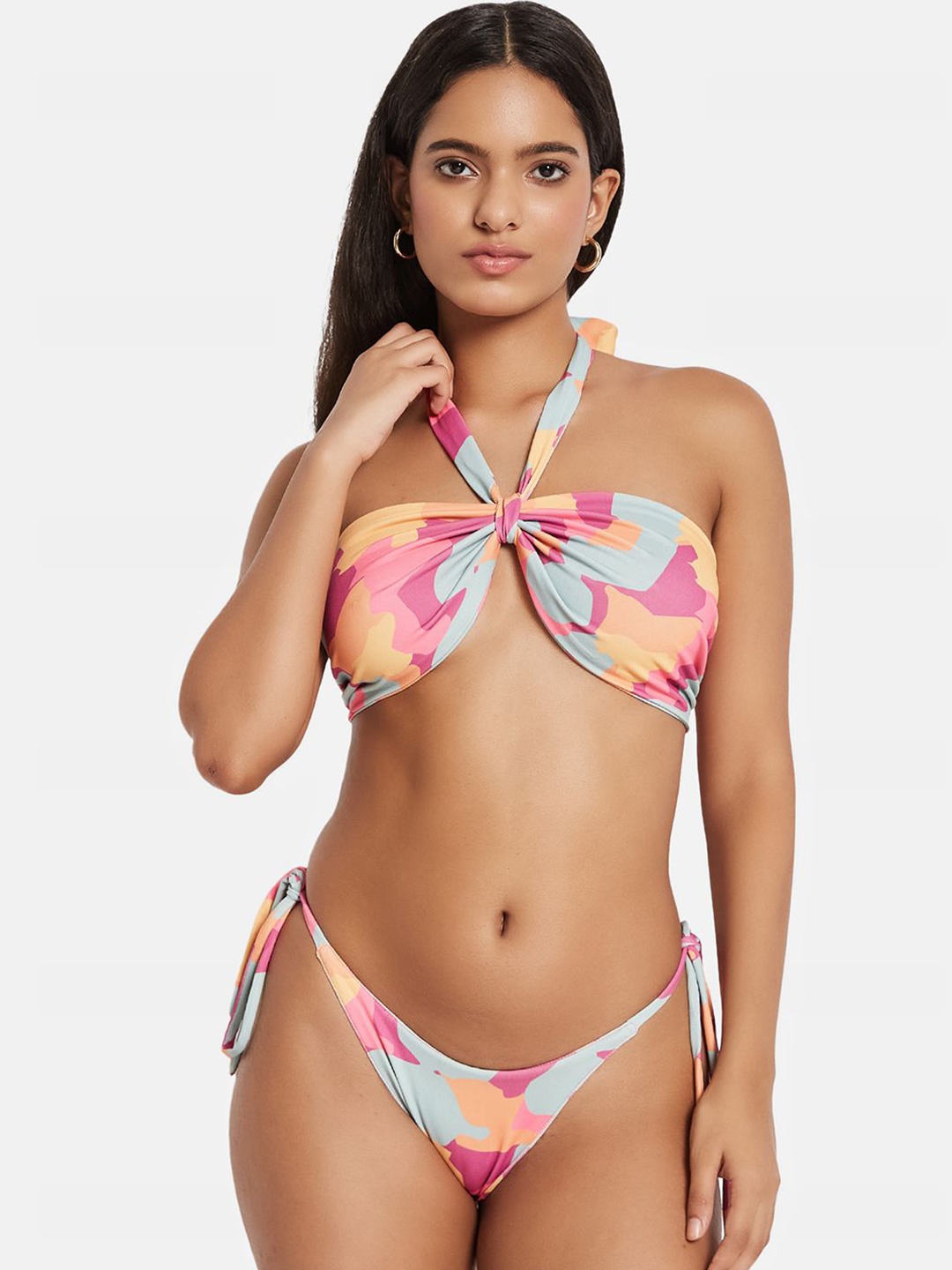 

SECRETS BY ZEROKAATA Women Printed Halter Neck Swim Bikini Set, Pink