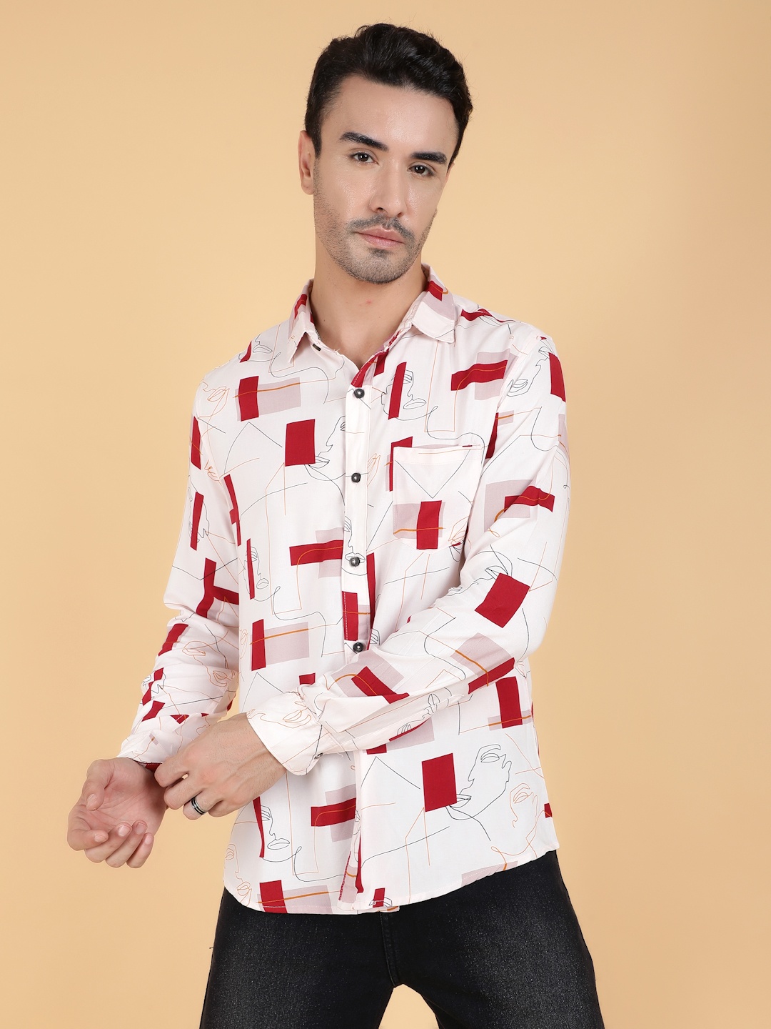 

Kotty Men Relaxed Spread Collar Graphic Printed Cotton Casual Shirt, White