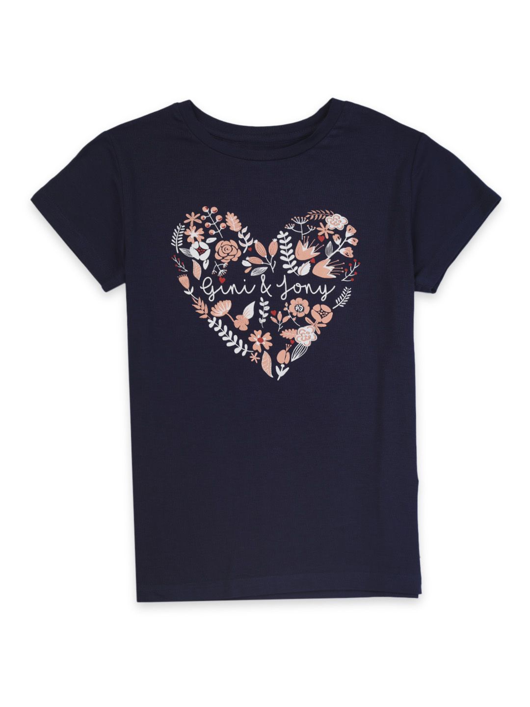 

Gini and Jony Girls Floral Printed Round Neck Cotton T-Shirts, Navy blue