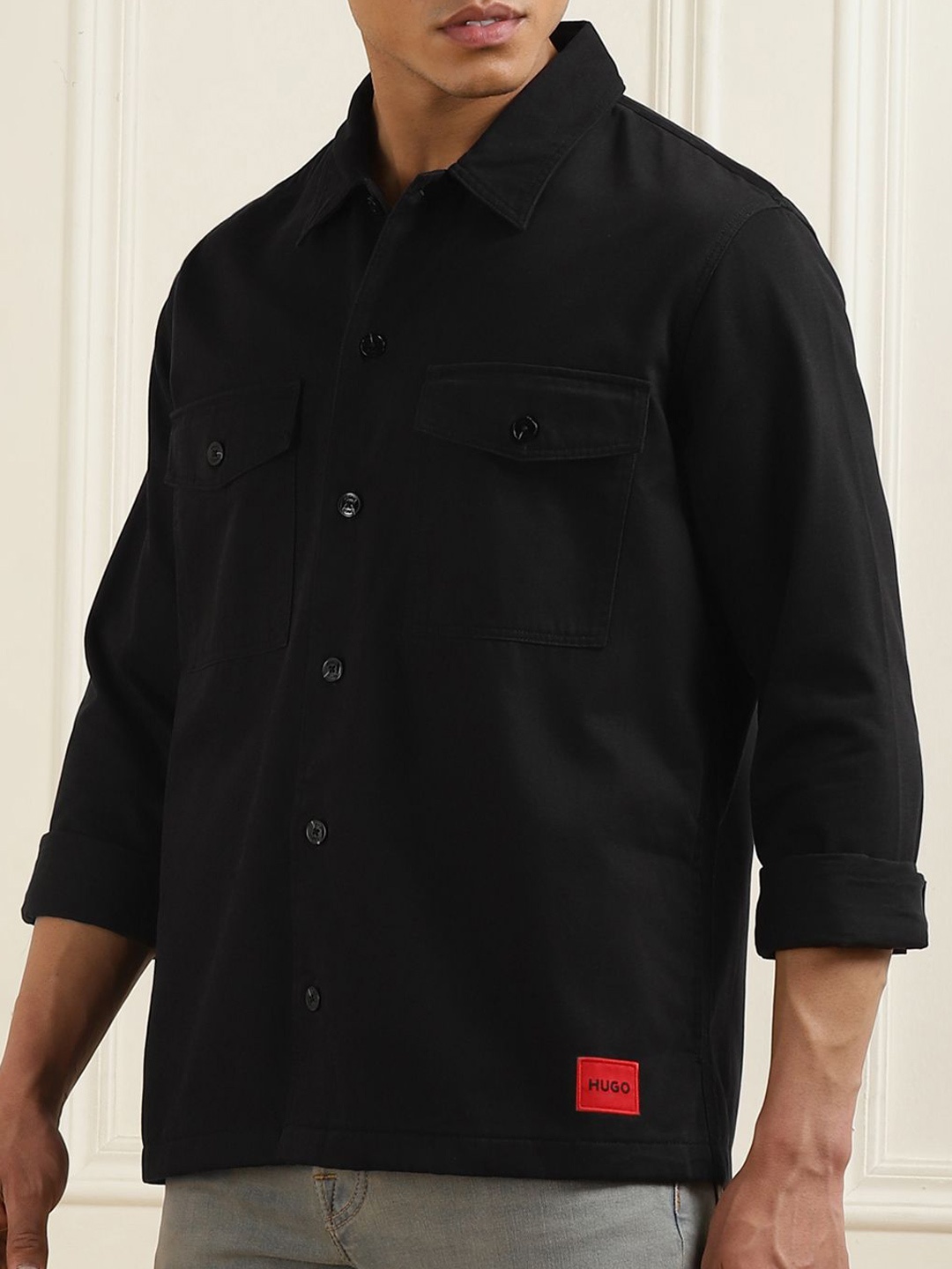 

HUGO Men Solid Slim Fit Spread Collar Casual Shirt, Black