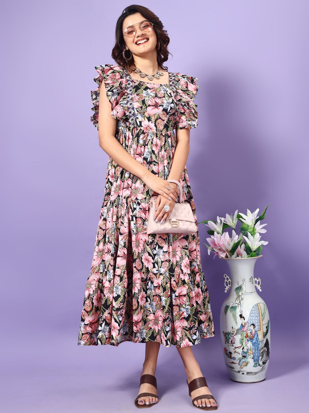 

KALINI Women Floral Print A-Line Maxi Dress, Black