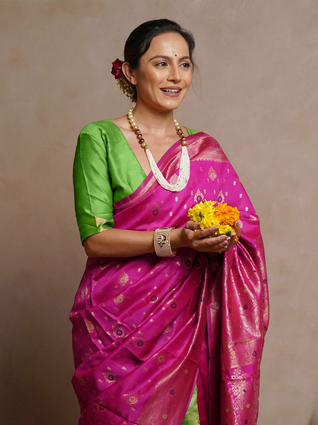 

Subham Ethnic Motifs Woven Design Zari Banarasi Designer Saree, Pink