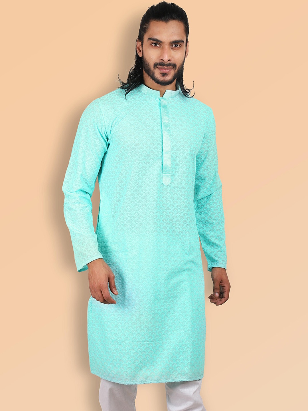 

ETHNIC FACTORY Men Embroidered Chikankari Kurta, Green