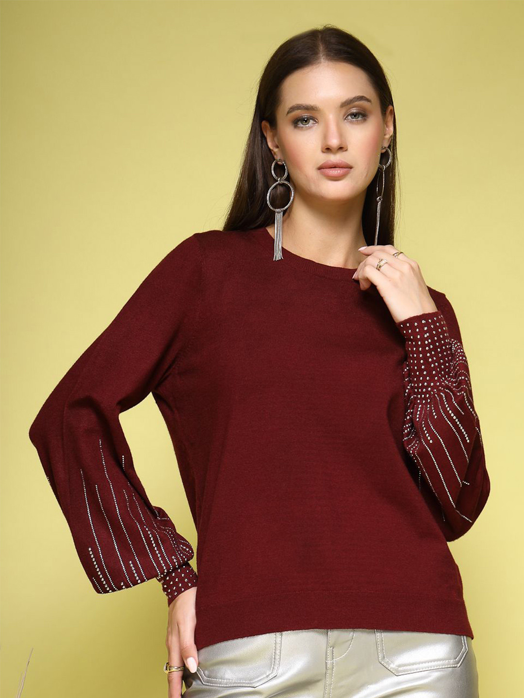 

Mafadeny Women Solid Round Neck Top, Maroon